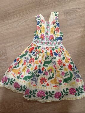 Mini Boden Kids White Floral & Animal Print Cotton Dress with Multicolor Accents